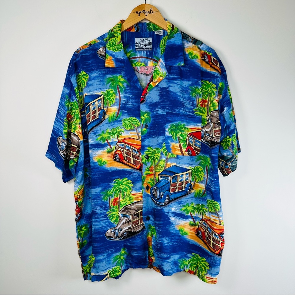 Pineapple Connection Men's Aloha Cruisin Car Hawaiian Palm Tree Shirt Blue Sz XL
